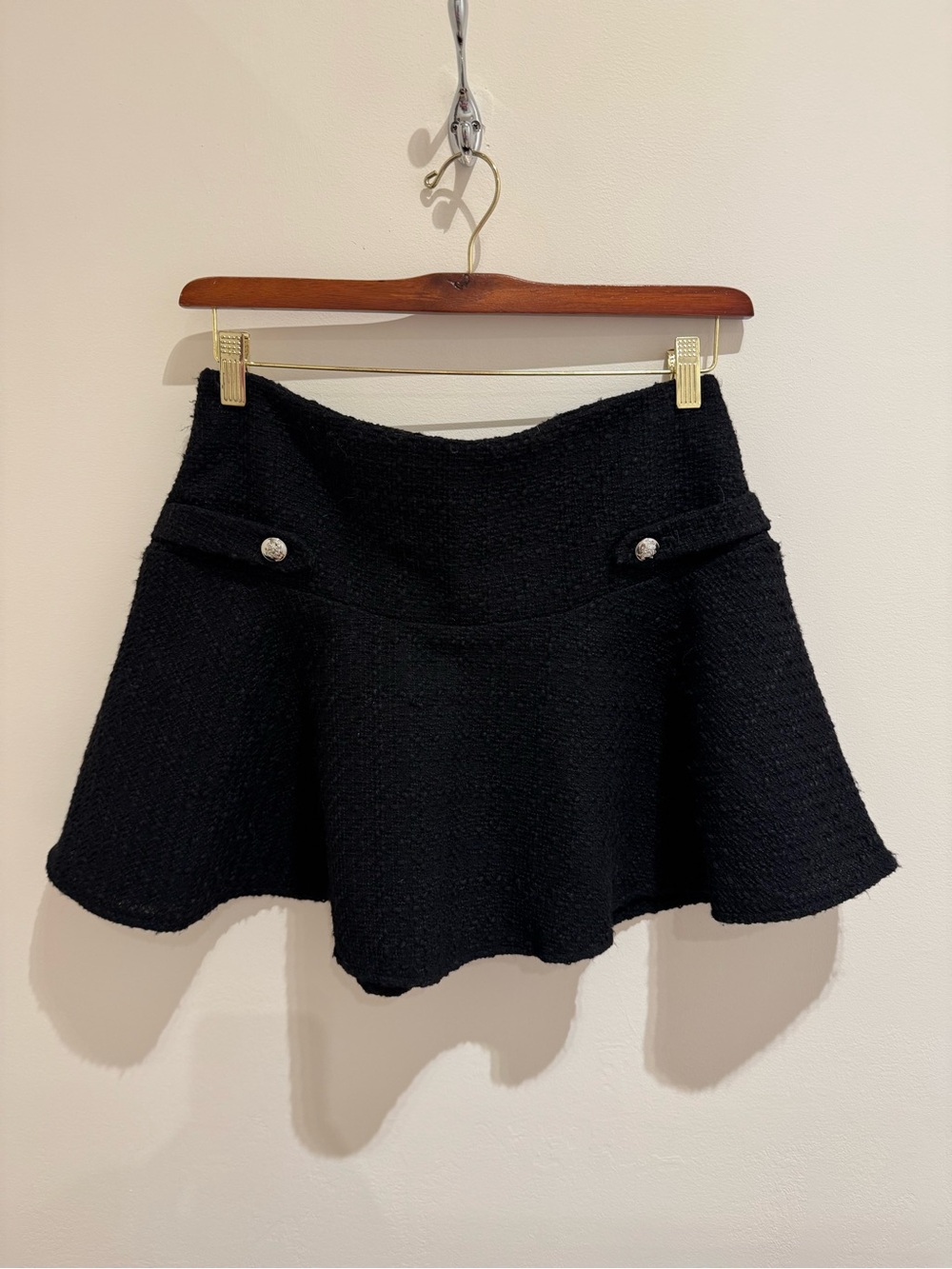 H&M Black Tweed Flared Mini Skirt with Button Tabs